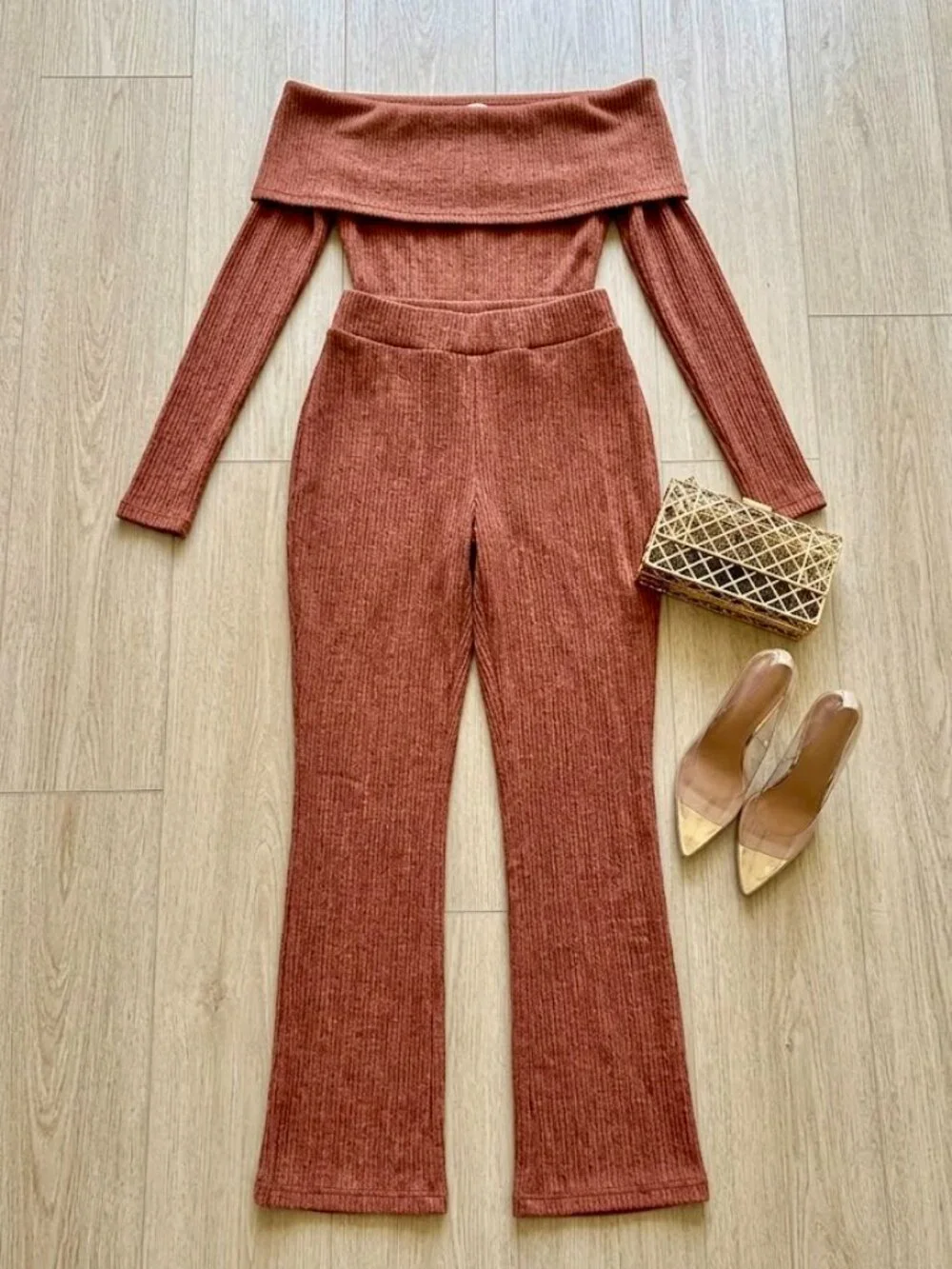Fashion Nova Rust Off Shoulder Pant Set 2 Piece Wide Leg Stretch Size Large - Picture 3 of 4